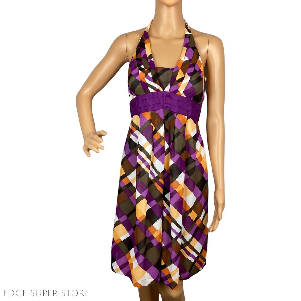 Moulinette Soeurs Anthropologie Purple Orange Plaid Halter Neck Dress Size 0